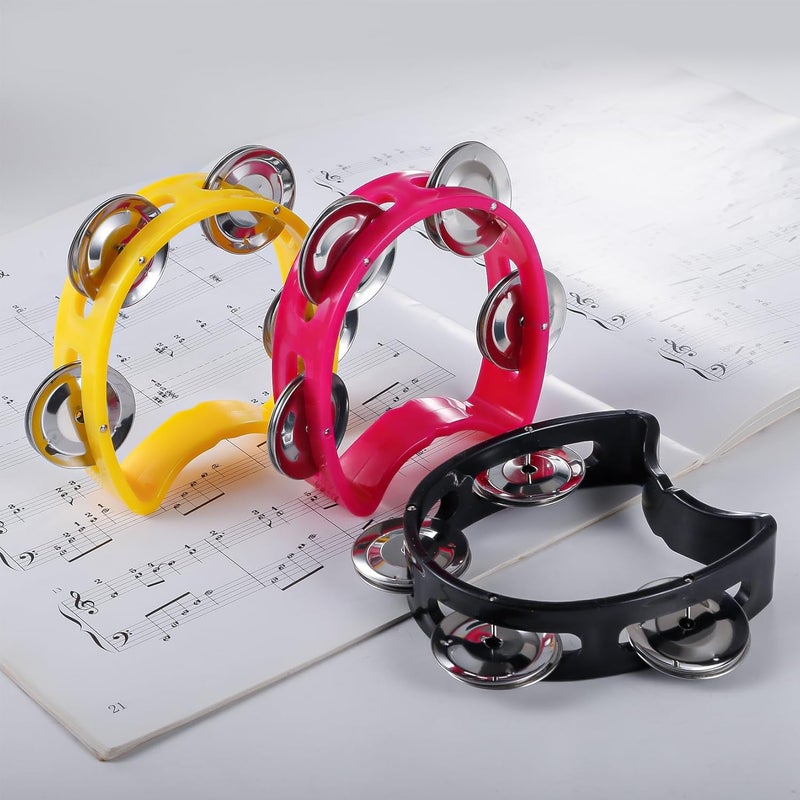 TENINYU Pack of 3 Half Moon Musical Tambourine, Double Row Metal 4 Jingle Bells Mini Hand Held Percussion Drum with Ergonomic Handle Grip (Black & Pink & Yellow) - Image 2